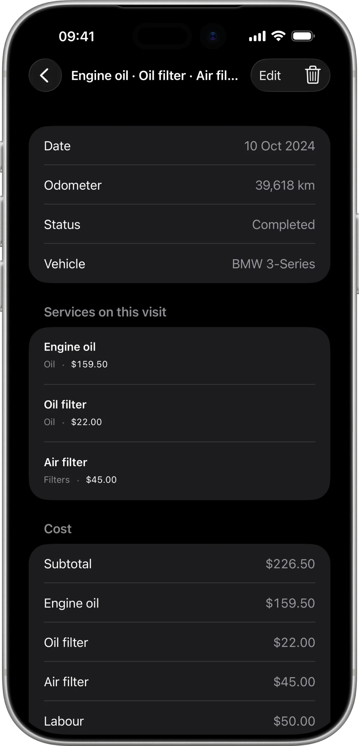 Cura service record detail with cost, shop, and line items