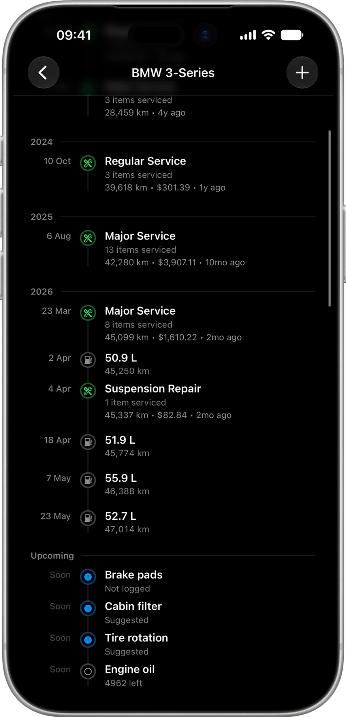 Cura unified timeline showing fuel fills and maintenance events